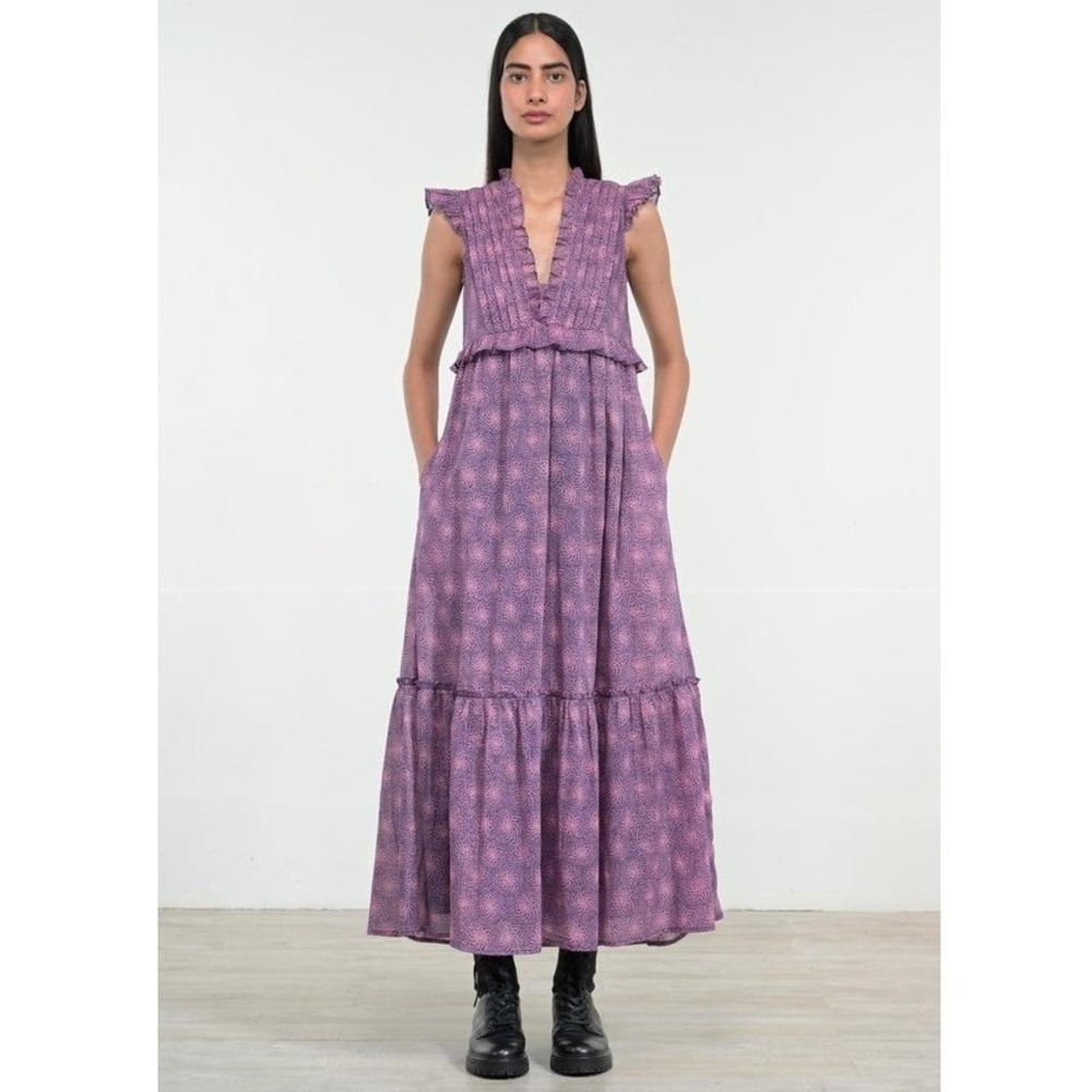 Banjanan‎ Madison Indian Floral Tiered Cotton Maxi Dress S Romantic Boho Pink